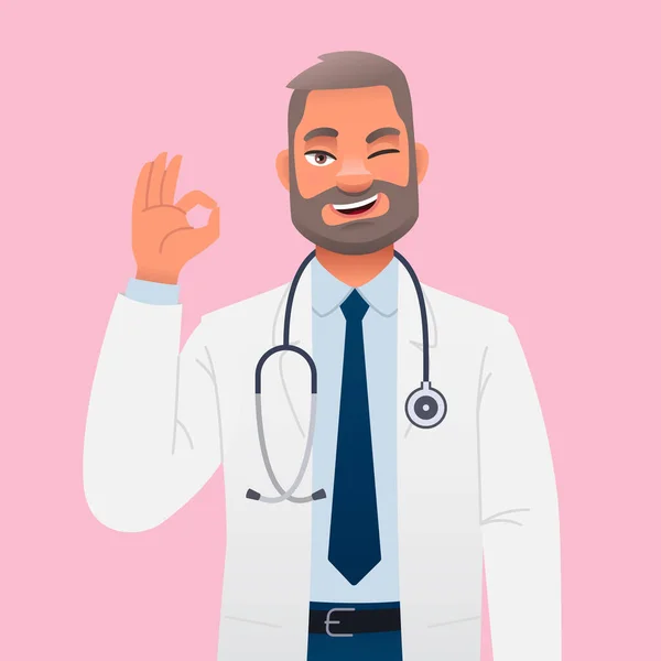 聴診器を装着した白衣の医者がウィンクしてOkジェスチャー 笑顔の頭の医者はセラピストです 自信に満ちた髭の男だ ピンクの背景にベクトル漫画のイラスト — ストックベクタ