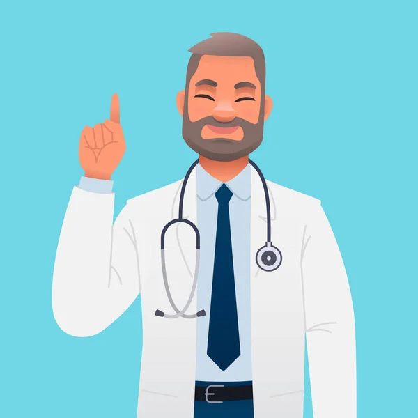 Doktor Bílém Kabátě Stetoskopem Ukazuje Prstem Něco Usměvavý Hlavní Lékař — Stockový vektor