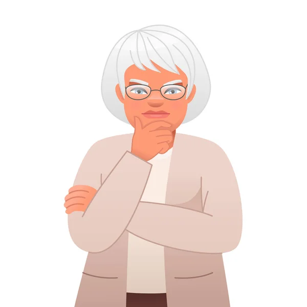 Stará Šedovlasá Babička Brýlích Něčem Přemýšlela Starší Žena Stojí Zamyšleně — Stockový vektor