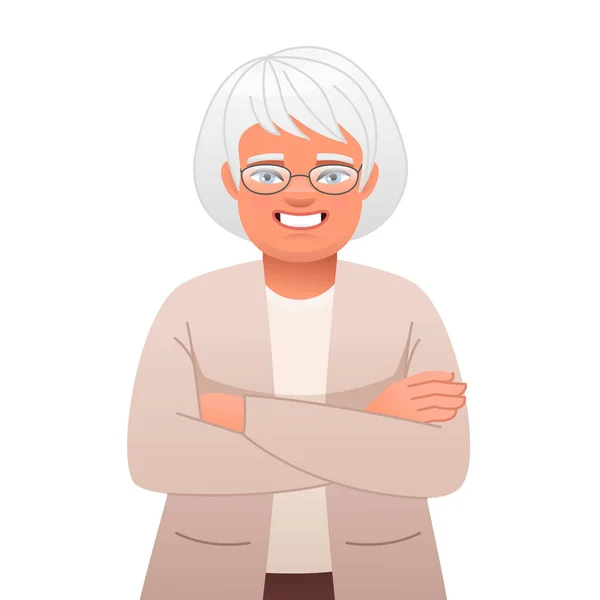 Šťastná Starší Žena Brýlích Stojí Založenýma Rukama Usmívající Šedovlasá Babička — Stockový vektor