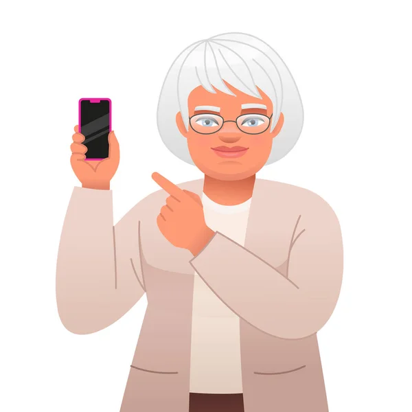 stock vector Elderly woman with glasses points to the phone in her hand. Old gray-haired grandmother advertises an application in a smartphone. Vector cartoon illustration isolated on white background.