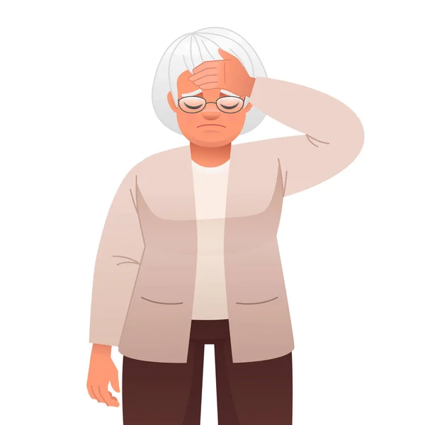Starší Žena Brýlích Drží Smutně Čelo Stará Šedovlasá Babička Bolesti — Stockový vektor