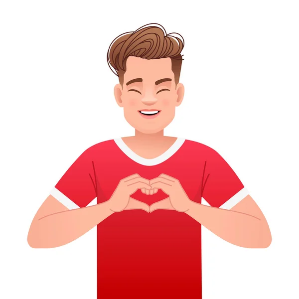 一个英俊的年轻人双手交叉成心形 一个穿着红色T恤的快乐的白人白色背景上的矢量卡通画 — 图库矢量图片