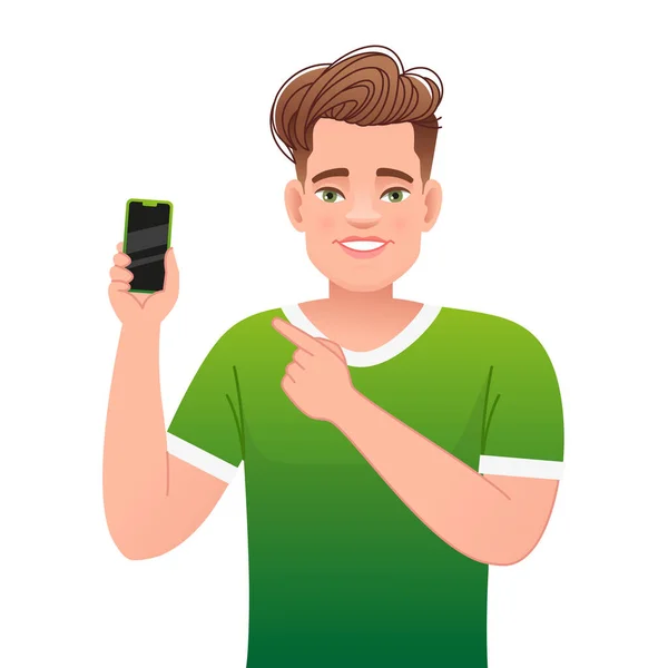 Leende Killen Pekar Telefonen Handen Glad Säker Vit Man Annonserar — Stock vektor
