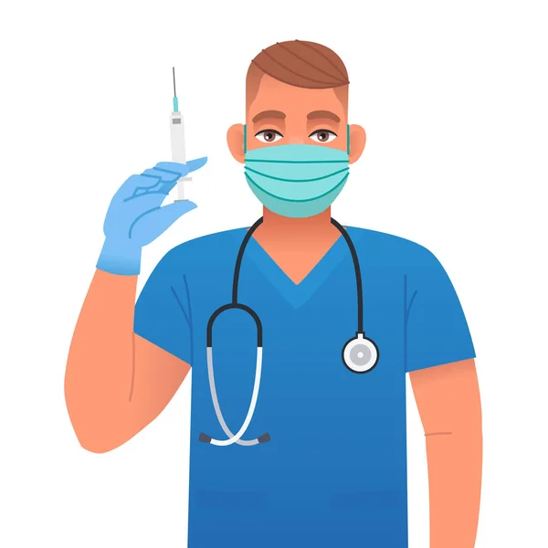 内視鏡と青い医療用手袋を持つ保護マスクの医師は 彼の手に注射器を保持しています かわいい白人の若い男性看護師 ベクトル漫画イラスト — ストックベクタ