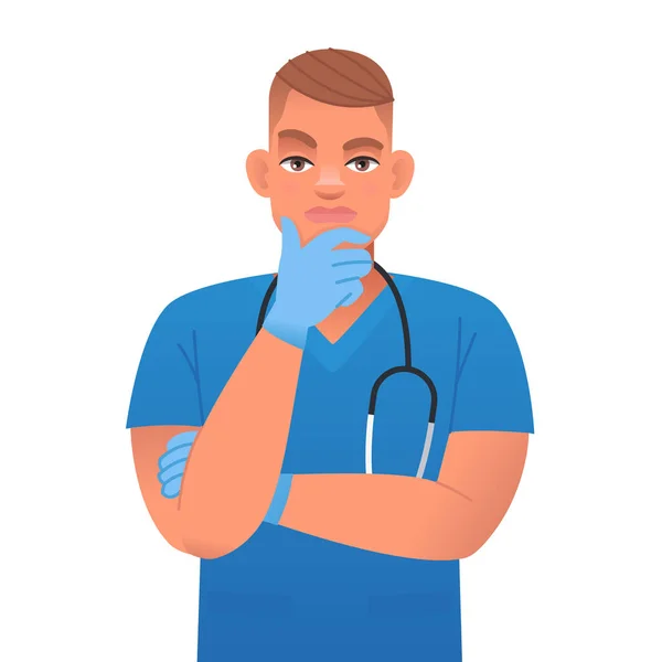 Een Verpleegster Met Een Stethoscoop Blauwe Medische Handschoenen Denkt Ergens — Stockvector