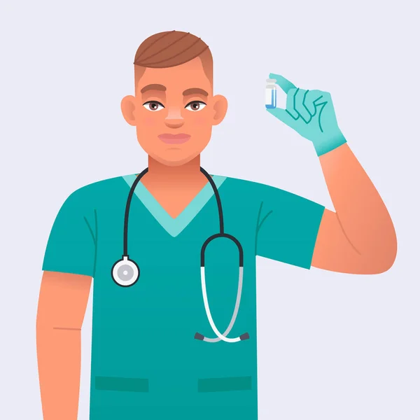 聴診器を持ち 緑色の医療用手袋を着用した若い看護師が薬を瓶に入れて立っています かわいい白人の若い男性医師 ベクトル漫画イラスト — ストックベクタ