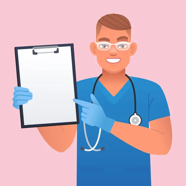 Μια Συμπαθητική Νοσοκόμα Γυαλιά Ένα Στηθοσκόπιο Και Μπλε Ιατρικά Γάντια — Διανυσματικό Αρχείο