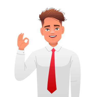 Kendine güvenen başarılı bir adamın portresi. Gömlekli ve kravatlı yakışıklı bir adam eliyle iyi bir hareket gösterir. Genç mutlu iş adamı. Vektör çizgi film illüstrasyonu.