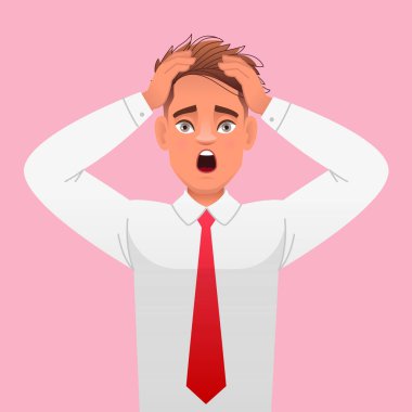 Gömlekli ve kravatlı genç bir adam panik içinde başını tutuyor. Dehşet içindeki iş adamı. Kendinden emin, başarılı adam. Vektör çizgi film illüstrasyonu.