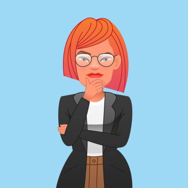 Kızıl saçlı, takım elbiseli güzel bir kız bir şey düşünüyor. Gözlüklü şık, kendine güvenen genç bir kadın düşünceye dalıyor. Vektör çizgi film illüstrasyonu.