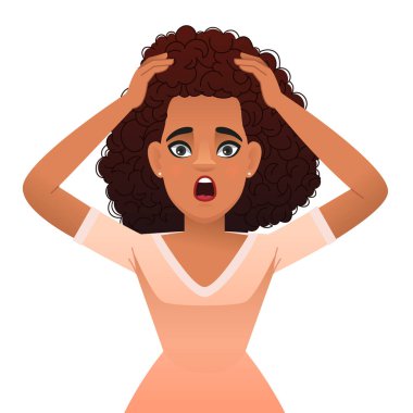 Genç siyah bir kadın panik içinde başını tuttu. Siyah kıvırcık saçlı güzel bir Afrikalı kız. Vektör karikatür çizimi beyaz arkaplanda izole edildi.