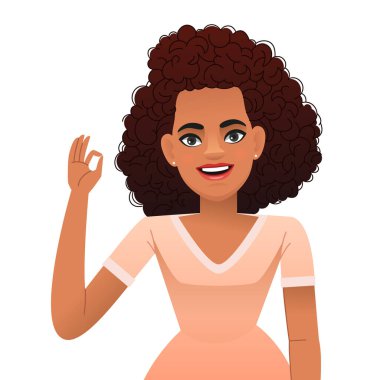 Mutlu siyah kadın iyi bir jest yapıyor. Siyah kıvırcık saçlı güzel bir Afrikalı kız. Vektör karikatür çizimi beyaz arkaplanda izole edildi.