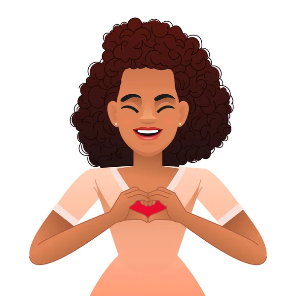 Sonriente Joven Negra Feliz Mujer Hizo Sus Palmas Forma Corazón — Archivo Imágenes Vectoriales