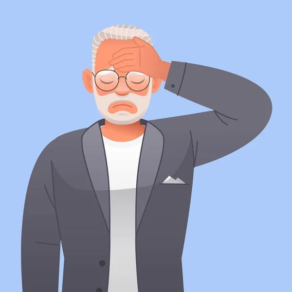 stock vector The old gray-haired grandfather clutched his forehead in sadness. Sad elderly bearded man with glasses. Vector illustration in cartoon style on a blue background.