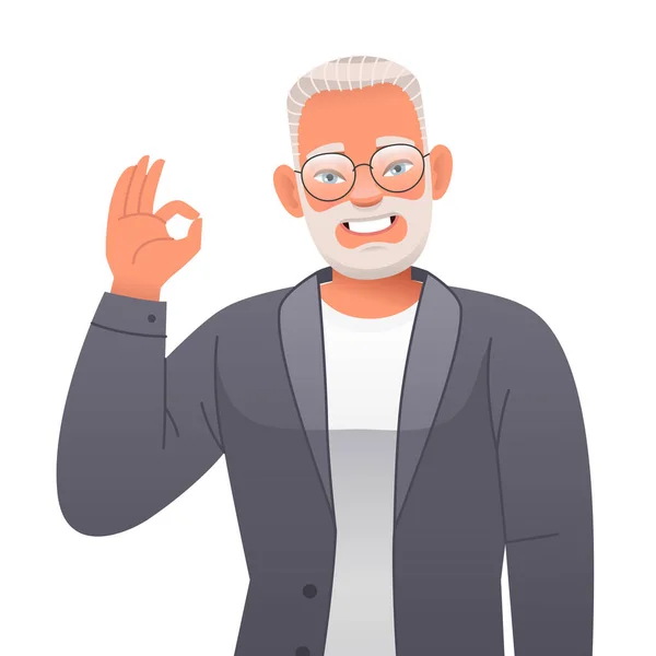 Leende Glad Äldre Skäggig Man Glasögon Visar Gest Gammal Gråhårig — Stock vektor