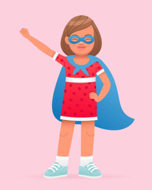 Küçük kız bir süper kahraman. Kırmızı elbiseli, mavi yağmurluklu ve gözlerinde maske olan güzel beyaz bir çocuk. Pembe arkaplanda vektör karikatür çizimi.