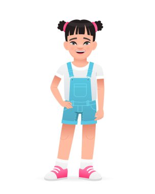 Mutlu, kendinden emin, başarılı küçük bir kızın portresi. Mavi tulumlu, güzel, beyaz bir bebek. Beyaz arkaplanda vektör karikatür çizimi.