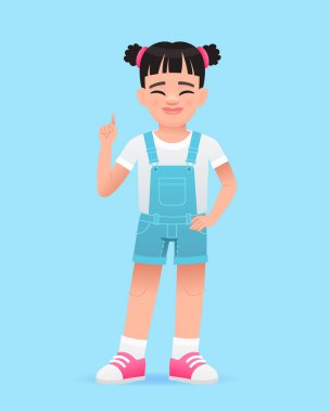 Gülümseyen küçük bir kız parmağıyla bir şeyi işaret eder. Mavi tulumlu, güzel, beyaz bir bebek. Mavi arkaplanda vektör karikatür çizimi.