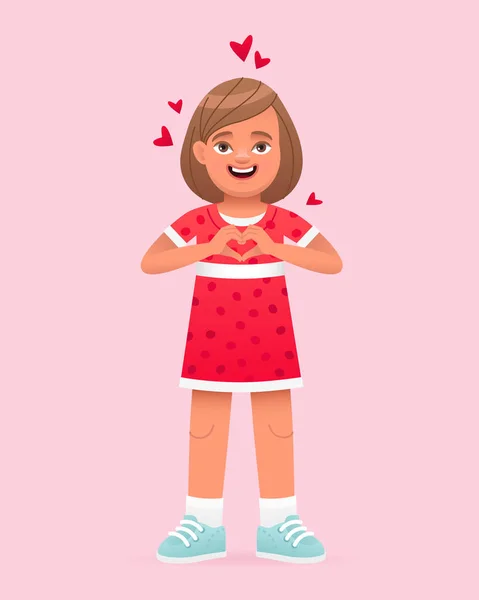 恋爱中的小女孩把她的手掌叠成心形 穿着红色衣服的漂亮的白人孩子 粉色背景上的矢量卡通画 — 图库矢量图片