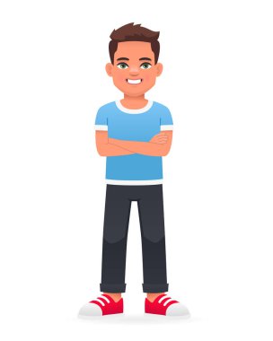 Neşeli küçük bir çocuk kollarını kavuşturmuş duruyor. Mavi tişörtlü güzel beyaz bir okul çocuğu. Beyaz arkaplanda vektör karikatür çizimi.