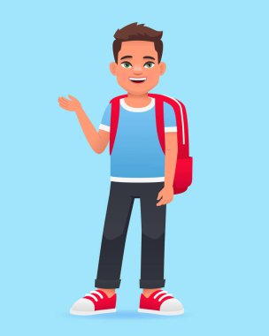 Sırtında okul çantası olan mutlu bir çocuk. Mavi tişörtlü güzel beyaz bir okul çocuğu. Mavi arkaplanda vektör karikatür çizimi.