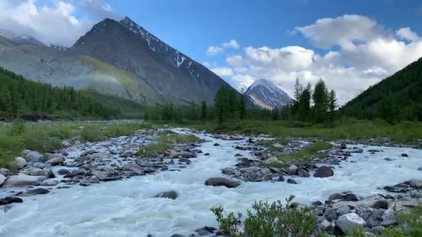 俄罗斯阿尔泰的卡通河的暴风雨景象 落基山脉 森林覆盖的小山和白雪覆盖的阿尔泰斜坡 蓝天白云 平静的自然背景 — 图库视频影像