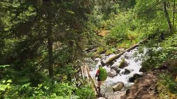 Man Large Backpack Crosses Wide Mountain Stream Wooden Logs Beautiful — Stock video