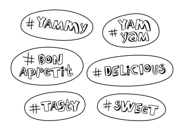 Eine Reihe Köstlicher Zitate Blasen Mit Hashtags Leckeres Logo Buchstaben — Stockvektor