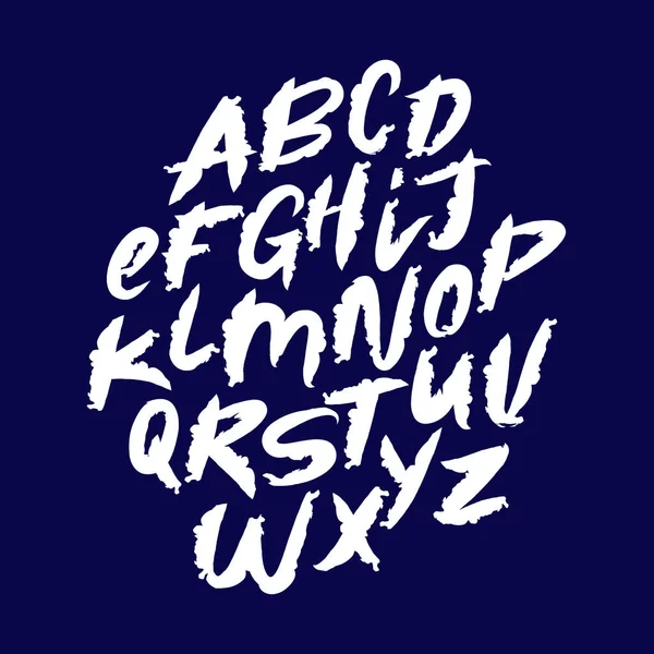 ブラシで手で描かれた英語のアルファベットのセット メッセージング ユニークなモダンなブラシフォント ラテンアルファベット 青い背景のベクトルアルファベット — ストックベクタ