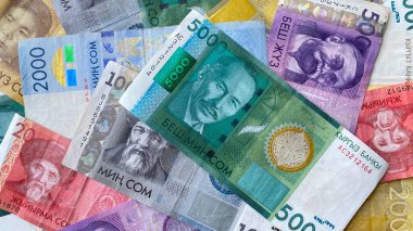 Kırgız ulusal para biriminin güzel renkli arka planı. Banknotlar 5000, 1000, 2000, 500, 200 ve 20 som, Kırgızistan 'ın şu anki parası. Nakit para. Finansal iş geçmişi kavramı.