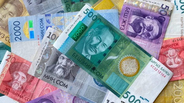 Vacker Färgad Bakgrund Olika Kirgizistans Nationella Valuta Sedlar 5000 1000 — Stockfoto