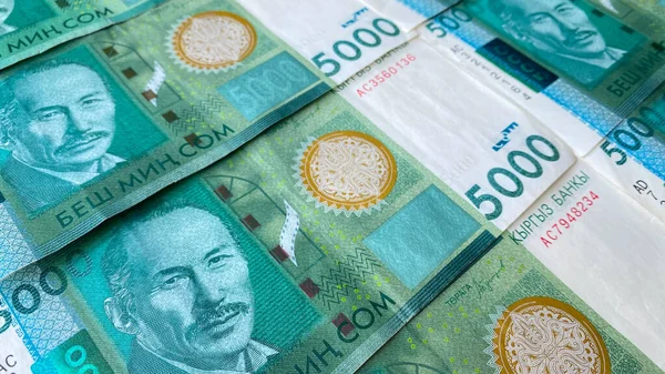 Notas Verdes 5000 Som Dinheiro Corrente Quirguizistão Conceito Fundo Negócios — Fotografia de Stock