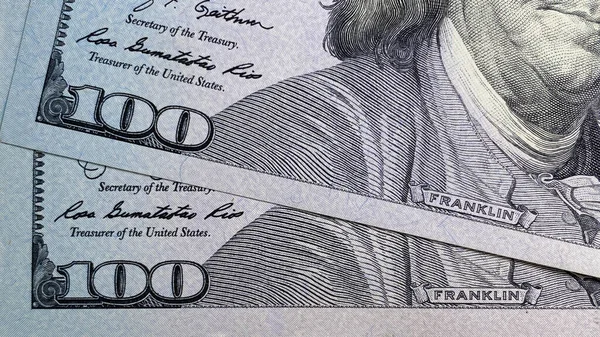 Närbild Del Hundradollarsedel Amerikansk Nationell Valuta 100 Dollar Kontantsedlar Bakgrundskoncept — Stockfoto