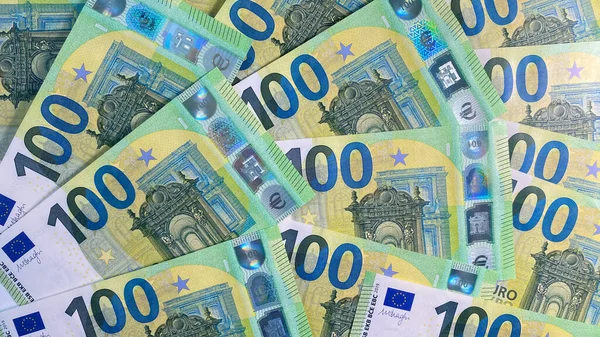 Many Banknotes 100 Euros Lie Fan Euro Money Background Single — Stock Photo, Image