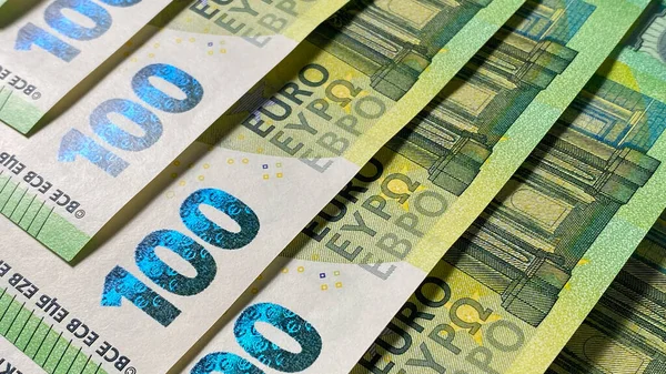 Antecedentes Close Uma Parte Cem Notas Euro Moeda Única União — Fotografia de Stock
