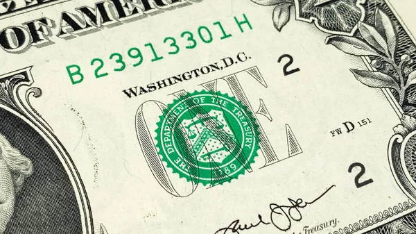 Közelkép Egy Amerikai Dollárról Pecsét Aláírás Szám Egy Egydolláros Bankjegy — Stock Fotó