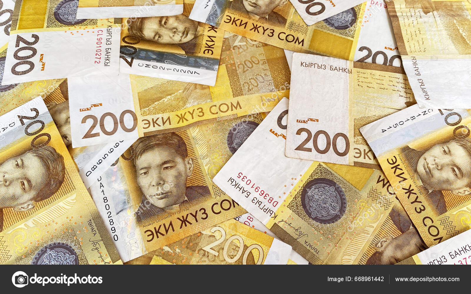 200 ドル紙幣について 黄色いキルギスのお金の背景 キルギスの現金請求書 キルギスの通貨 たった200人 ビジネス —  ストック編集用写真©chekat#668961442