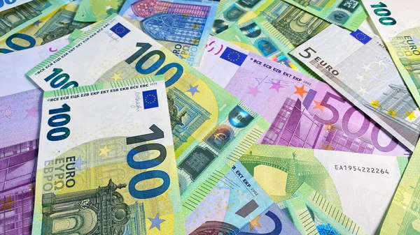 Notas 500 100 Euros Notas Banco Diferentes Denominações Moeda Europeia — Fotografia de Stock