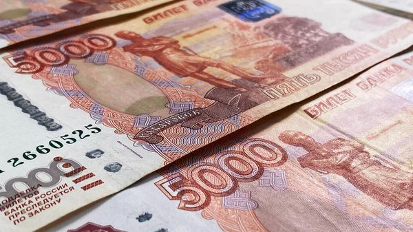 Närbild Bank Russia Biljetter Sedlar Med 5000 Rubel Kontanter Bakgrund — Stockfoto