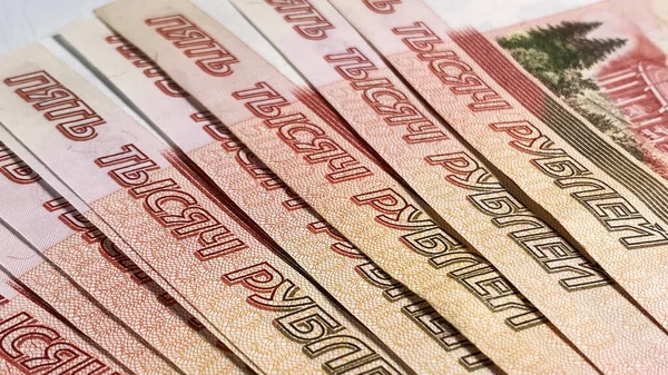 Bank Russia Jegyek Szét Vannak Szórva Közelről Készpénz Háttere Ötezer — Stock Fotó