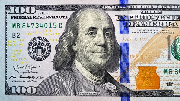 100ドルの法案の一部のトップビュー アメリカの通貨 キャッシュバンクノート 100ドルか 経済と金融 現金請求の背景 — ストック写真