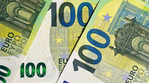 Três Notas 100 Euros Moeda Única União Europeia Notas Euro — Fotografia de Stock