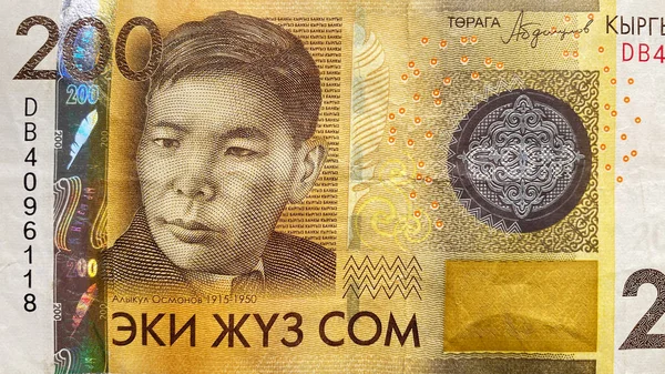 イエロー200のビューのトップビュー 詩人と劇作家のアリクル オズモノフの肖像画 現在のキルギスの資金 経済と金融 たった200人 キルギスの通貨 お金の背景について — ストック写真