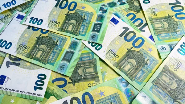 Vista Das Notas 100 Euros Espalhadas Notas Euro Cem Euros — Fotografia de Stock