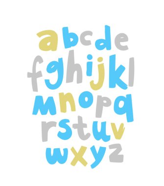 Mektup. Latin alfabesi. İngiliz alfabesinin renkli küçük harfleri, bir kalemle çizilmiş. Modern çocukların şakacı yazı tipleri. Beyaz arkaplanda vektör alfabesi.