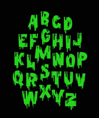 Nasty green slime. Terribly playful and creepy font. English alphabet, drawn by hand with a marker. Font for Halloween. Lettering. Latin alphabet. Vector alphabet on a black background. clipart