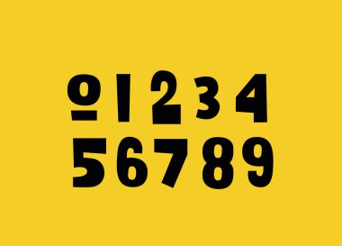 Bir dizi sevimli, oyuncu, basit çocuk numaraları 1,2, 3, 4, 5, 6,7, 8, 9, 0. İşaretli elle çizilmiş semboller. Mektup. Sarı arkaplanda vektör siyah sayılar.