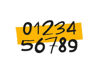 Komik siyah sayılar. Modern bir çocuk yazı tipi elle çizilmiş. Latin alfabesi. Mektup. Beyaz arkaplanda vektör numaraları.