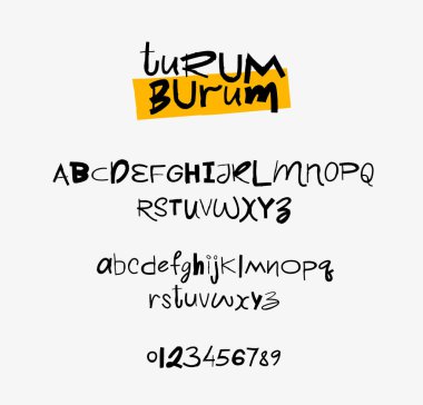Latin alfabesi. Küçük harf ve büyük harf ve sayılar. Mektup. Modern, komik çocukların el yazısıyla çizdiği bir yazı tipi. Beyaz arkaplanda vektör alfabesi.